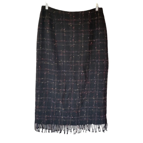 Laura Scott Wool Blend Plaid Fringe Midi Maxi Pencil Skirt Sz 14 - Picture 1 of 9
